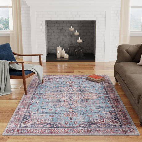 Washable Blue 9' 2 x 12' Maahru Rectangle Area Rug Easy to Clean Stain Resistant & Durable Polyester Chenille Carpet for Living, Dining, Bedrooms, Kitchen for Sale at Rug Engine