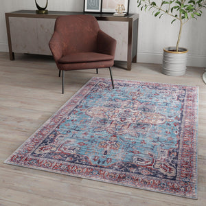Washable Blue 9' 2 x 12' Maahru Rectangle Area Rug Easy to Clean Stain Resistant & Durable Polyester Chenille Carpet for Living, Dining, Bedrooms, Kitchen for Sale at Rug Engine