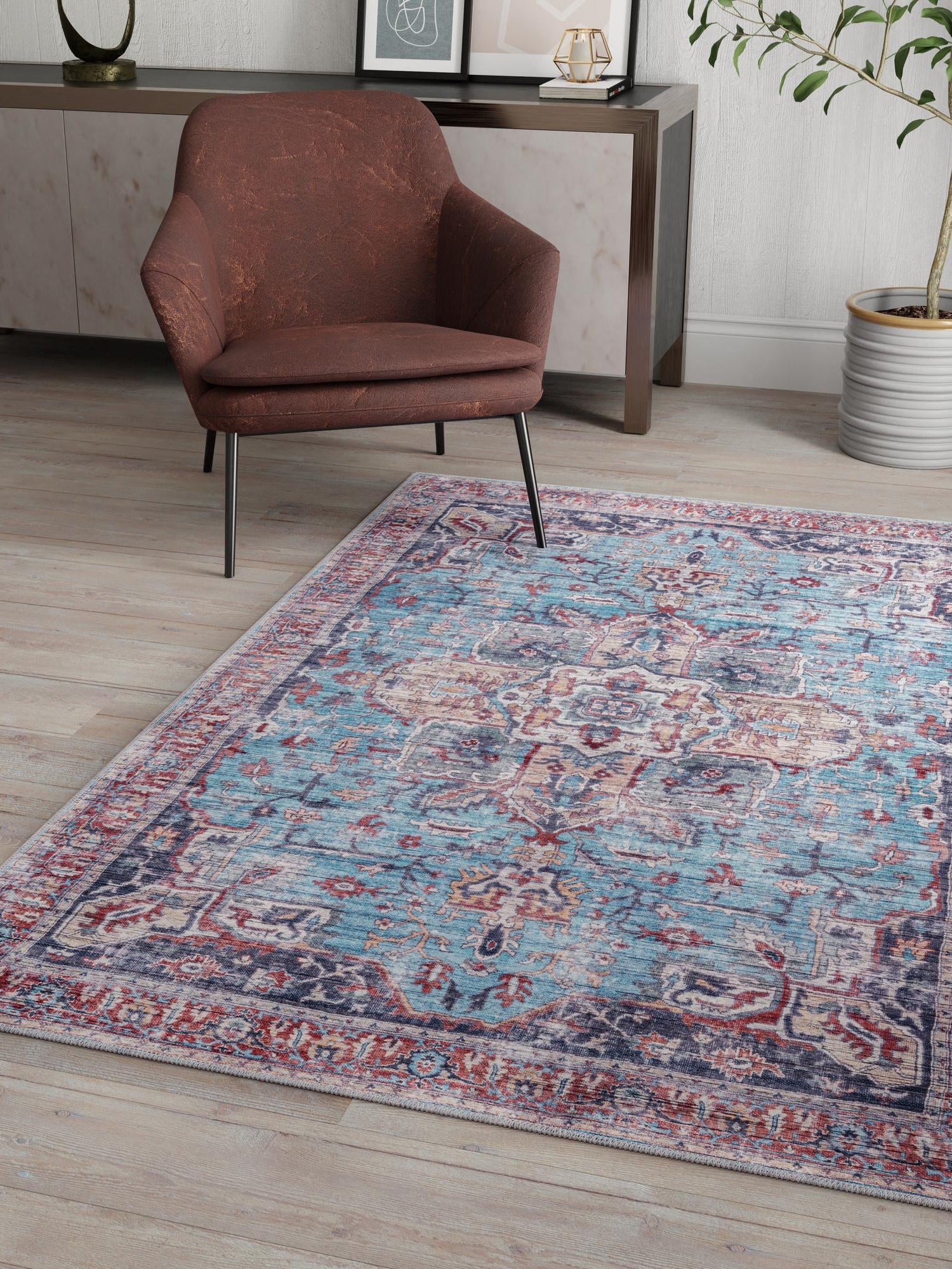 Washable Blue 10' 6 x 13' 1 Maahru Rectangle Area Rug Easy to Clean Stain Resistant & Durable Polyester Chenille Carpet for Living, Dining, Bedrooms, Kitchen for Sale at Rug Engine