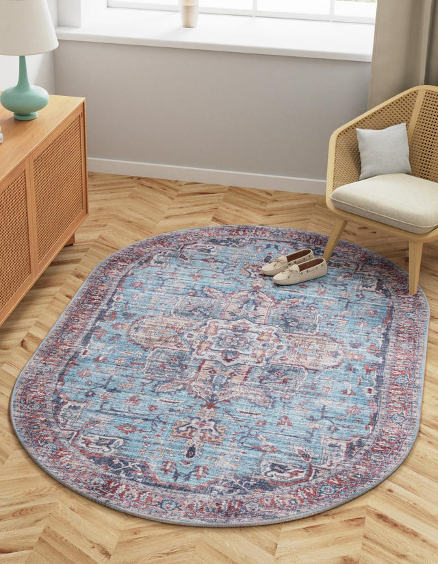 Washable Blue 2' x 3' 1 Maahru Oval Area Rug Easy to Clean Stain Resistant & Durable Polyester Chenille Carpet for Living, Dining, Bedrooms, Kitchen for Sale at Rug Engine