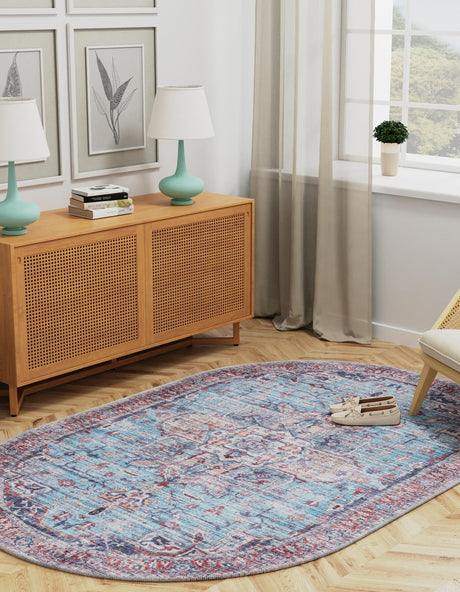 Washable Blue 5' 3 x 8' Maahru Oval Area Rug Easy to Clean Stain Resistant & Durable Polyester Chenille Carpet for Living, Dining, Bedrooms, Kitchen for Sale at Rug Engine