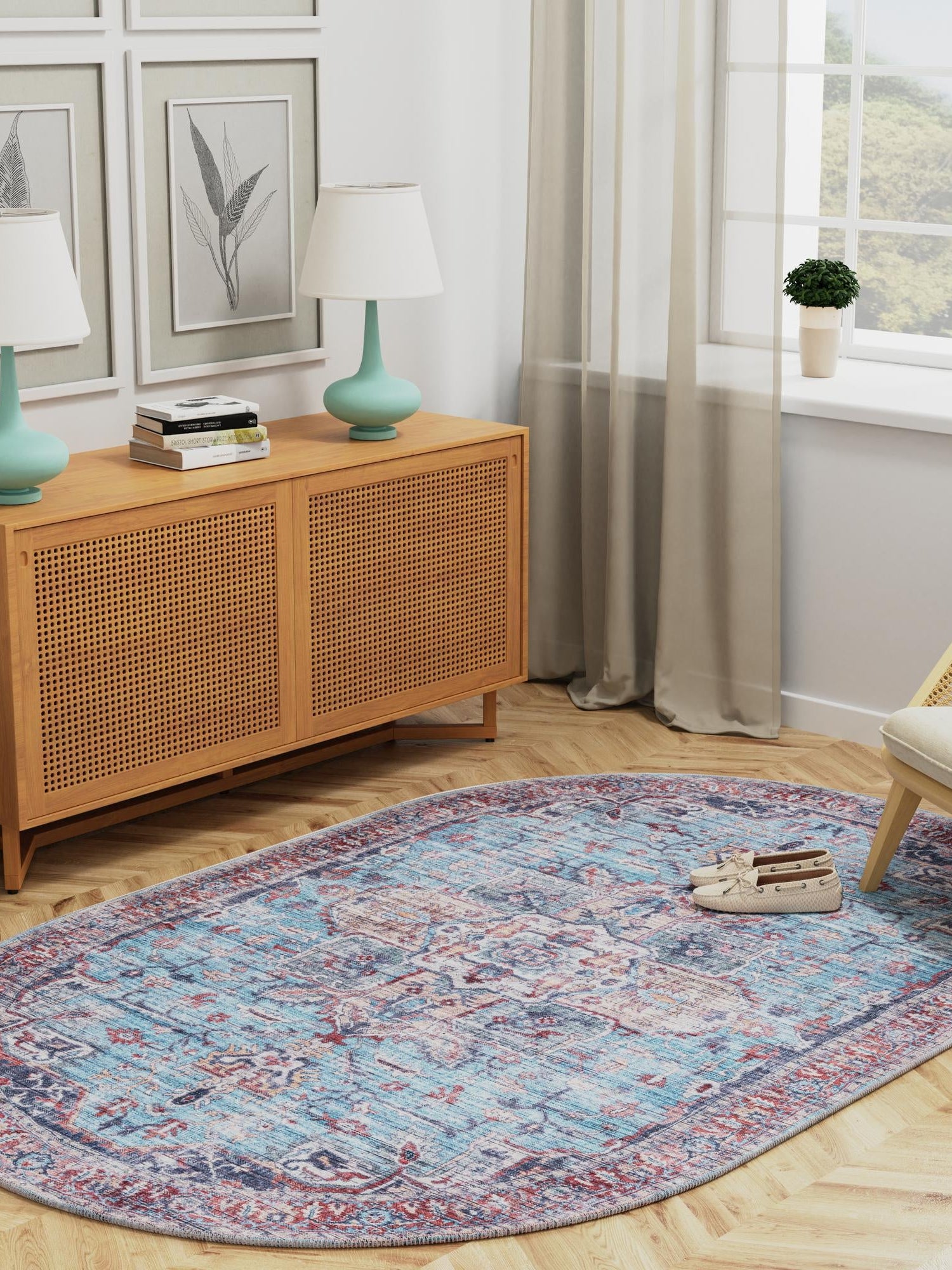 Washable Blue 2' x 3' 1 Maahru Oval Area Rug Easy to Clean Stain Resistant & Durable Polyester Chenille Carpet for Living, Dining, Bedrooms, Kitchen for Sale at Rug Engine