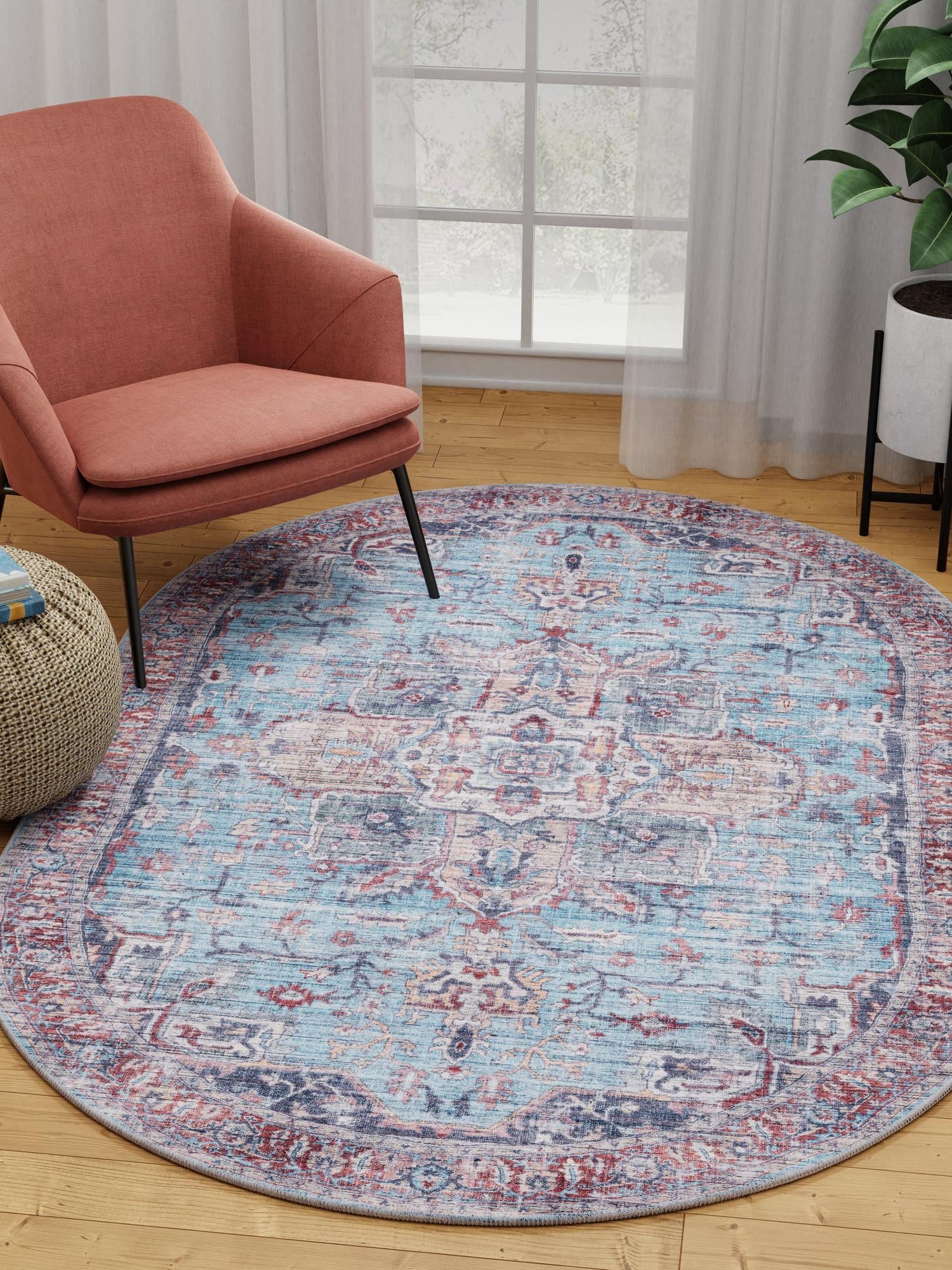 Washable Blue 5' 3 x 8' Maahru Oval Area Rug Easy to Clean Stain Resistant & Durable Polyester Chenille Carpet for Living, Dining, Bedrooms, Kitchen for Sale at Rug Engine