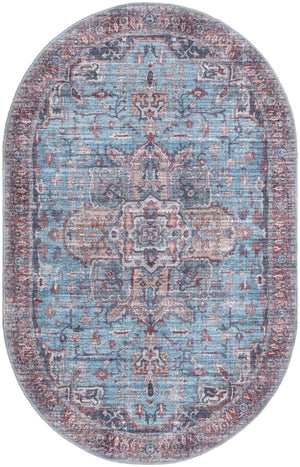 Washable Blue 5' 3 x 8' Maahru Oval Area Rug Easy to Clean Stain Resistant & Durable Polyester Chenille Carpet for Living, Dining, Bedrooms, Kitchen for Sale at Rug Engine