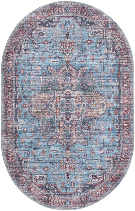Washable Blue 5' 3 x 8' Maahru Oval Area Rug Easy to Clean Stain Resistant & Durable Polyester Chenille Carpet for Living, Dining, Bedrooms, Kitchen for Sale at Rug Engine