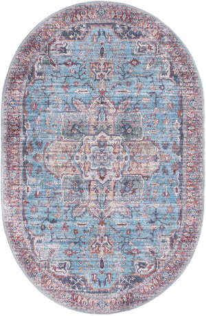 Washable Blue 4' 1 x 6' 1 Maahru Oval Area Rug Easy to Clean Stain Resistant & Durable Polyester Chenille Carpet for Living, Dining, Bedrooms, Kitchen for Sale at Rug Engine
