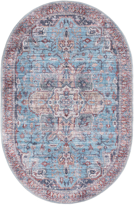 Washable Blue 4' 1 x 6' 1 Maahru Oval Area Rug Easy to Clean Stain Resistant & Durable Polyester Chenille Carpet for Living, Dining, Bedrooms, Kitchen for Sale at Rug Engine
