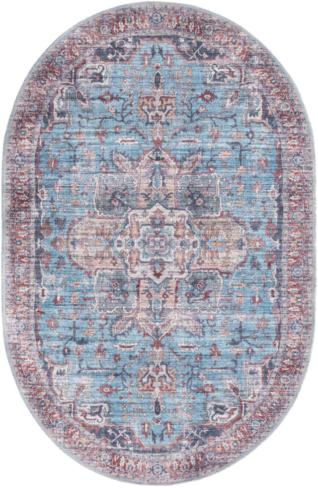 Washable Blue 4' 1 x 6' 1 Maahru Oval Area Rug Easy to Clean Stain Resistant & Durable Polyester Chenille Carpet for Living, Dining, Bedrooms, Kitchen for Sale at Rug Engine