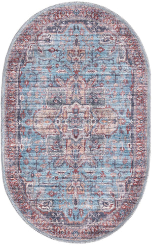 Washable Blue 2' x 3' 1 Maahru Oval Area Rug Easy to Clean Stain Resistant & Durable Polyester Chenille Carpet for Living, Dining, Bedrooms, Kitchen for Sale at Rug Engine
