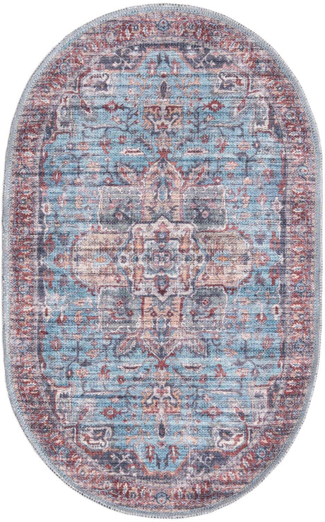 Washable Blue 2' x 3' 1 Maahru Oval Area Rug Easy to Clean Stain Resistant & Durable Polyester Chenille Carpet for Living, Dining, Bedrooms, Kitchen for Sale at Rug Engine