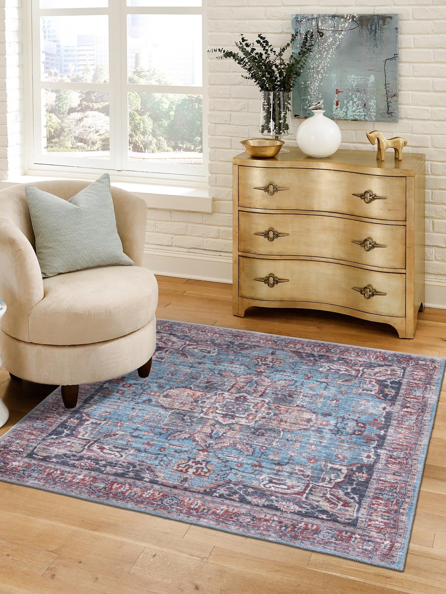 Washable Blue 7' 10 x 7' 10 Maahru Square Area Rug Easy to Clean Stain Resistant & Durable Polyester Chenille Carpet for Living, Dining, Bedrooms, Kitchen for Sale at Rug Engine