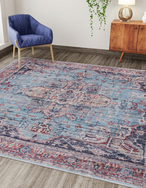 Washable Blue 7' 3 x 7' 3 Maahru Square Area Rug Easy to Clean Stain Resistant & Durable Polyester Chenille Carpet for Living, Dining, Bedrooms, Kitchen for Sale at Rug Engine