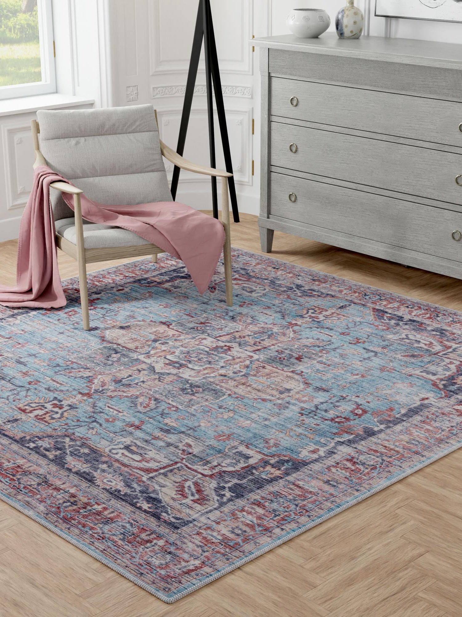 Washable Blue 10' 6 x 10' 6 Maahru Square Area Rug Easy to Clean Stain Resistant & Durable Polyester Chenille Carpet for Living, Dining, Bedrooms, Kitchen for Sale at Rug Engine