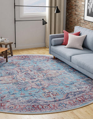 Washable Blue 10' 6 x 10' 6 Maahru Round Area Rug Easy to Clean Stain Resistant & Durable Polyester Chenille Carpet for Living, Dining, Bedrooms, Kitchen for Sale at Rug Engine