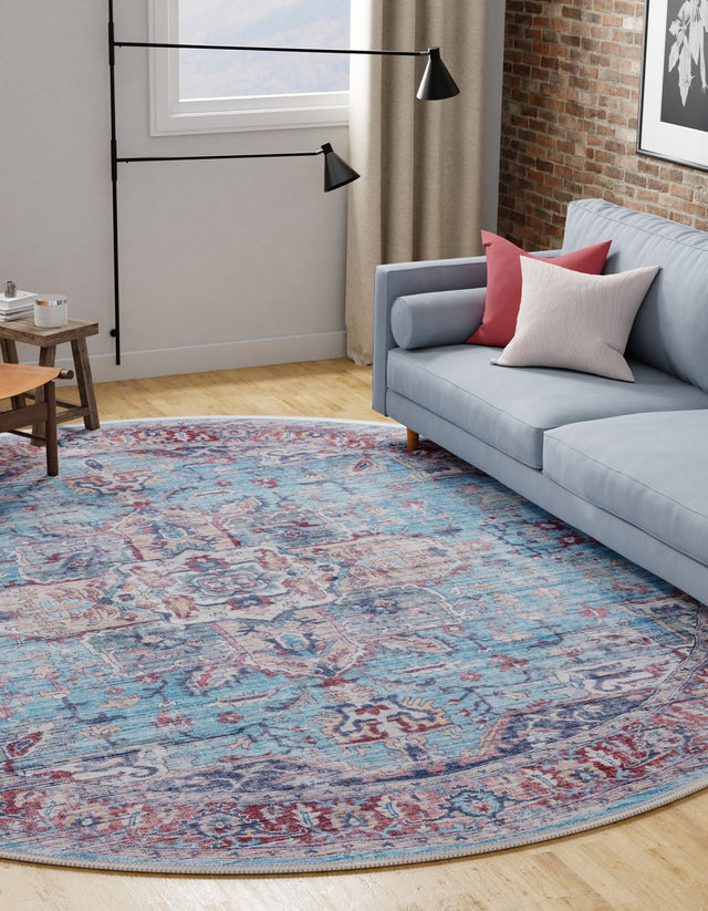 Washable Blue 10' 6 x 10' 6 Maahru Round Area Rug Easy to Clean Stain Resistant & Durable Polyester Chenille Carpet for Living, Dining, Bedrooms, Kitchen for Sale at Rug Engine