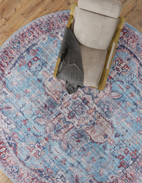 Washable Blue 10' 6 x 10' 6 Maahru Round Area Rug Easy to Clean Stain Resistant & Durable Polyester Chenille Carpet for Living, Dining, Bedrooms, Kitchen for Sale at Rug Engine