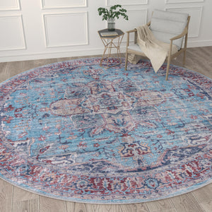 Washable Blue 10' 6 x 10' 6 Maahru Round Area Rug Easy to Clean Stain Resistant & Durable Polyester Chenille Carpet for Living, Dining, Bedrooms, Kitchen for Sale at Rug Engine