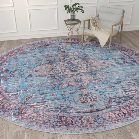 Washable Blue 10' 6 x 10' 6 Maahru Round Area Rug Easy to Clean Stain Resistant & Durable Polyester Chenille Carpet for Living, Dining, Bedrooms, Kitchen for Sale at Rug Engine