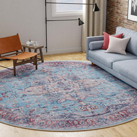 Washable Blue 10' 6 x 10' 6 Maahru Round Area Rug Easy to Clean Stain Resistant & Durable Polyester Chenille Carpet for Living, Dining, Bedrooms, Kitchen for Sale at Rug Engine