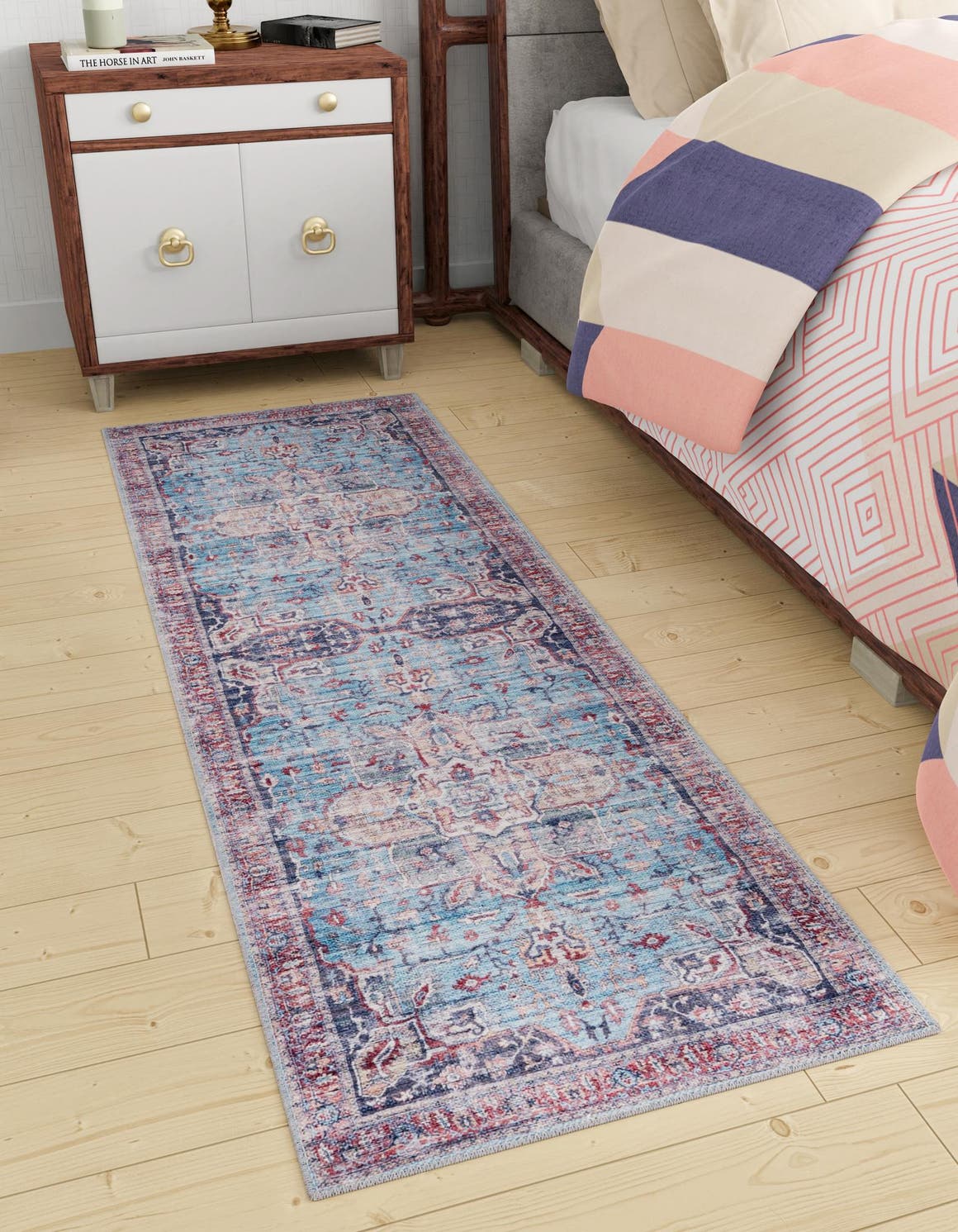 Washable Blue 2' x 10' Maahru Runner Area Rug Easy to Clean Stain Resistant & Durable Polyester Chenille Carpet for Living, Dining, Bedrooms, Kitchen for Sale at Rug Engine