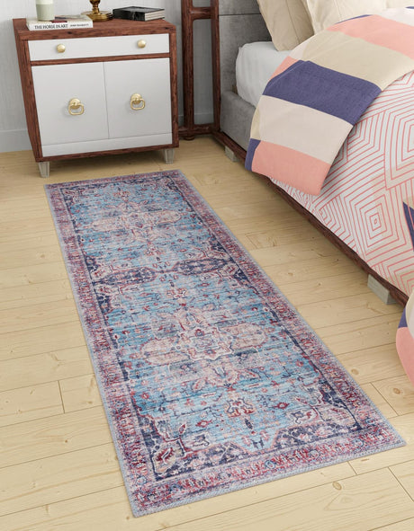 Washable Blue 2' x 8' Maahru Runner Area Rug Easy to Clean Stain Resistant & Durable Polyester Chenille Carpet for Living, Dining, Bedrooms, Kitchen for Sale at Rug Engine