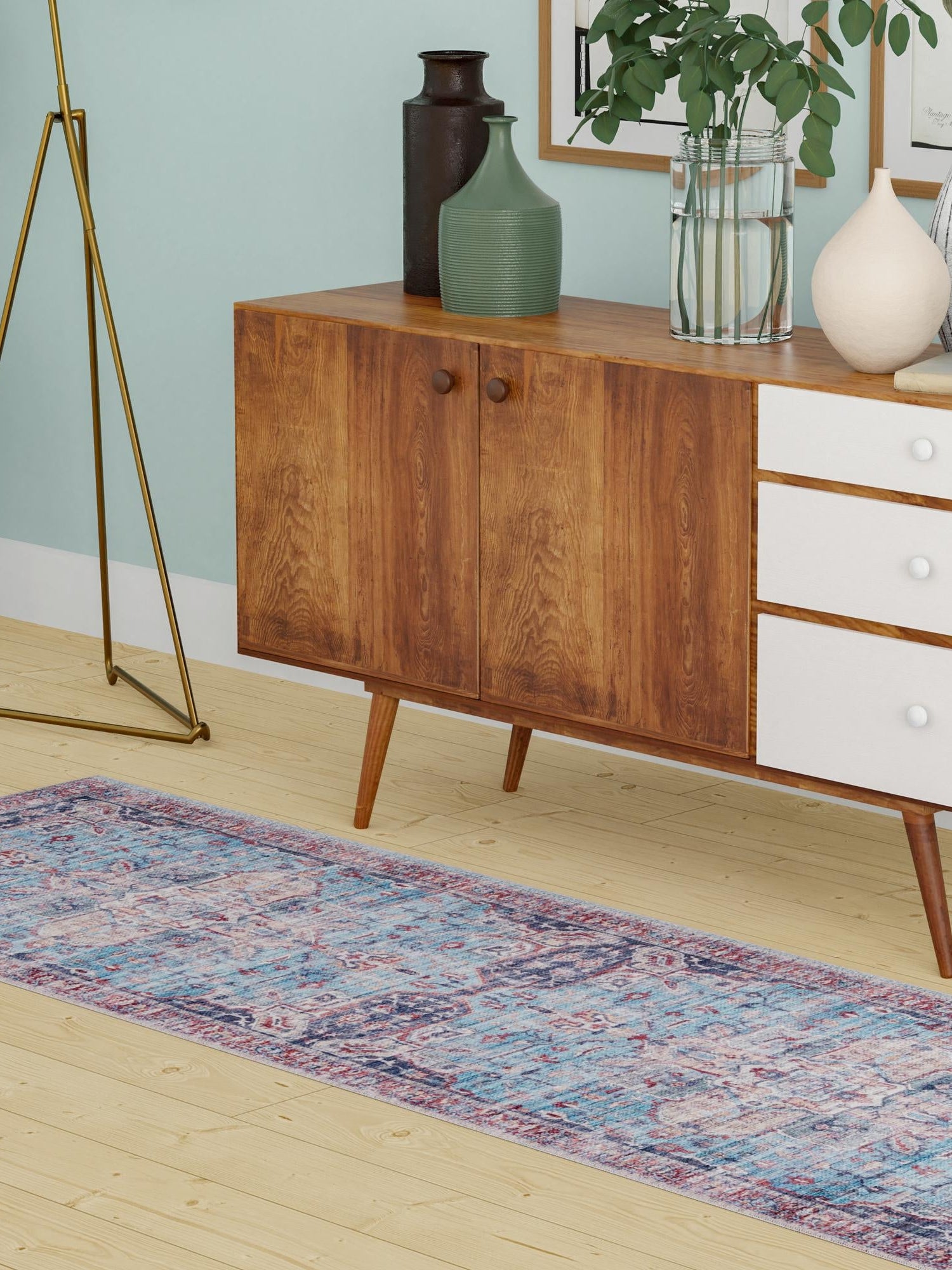 Washable Blue 2' x 10' Maahru Runner Area Rug Easy to Clean Stain Resistant & Durable Polyester Chenille Carpet for Living, Dining, Bedrooms, Kitchen for Sale at Rug Engine