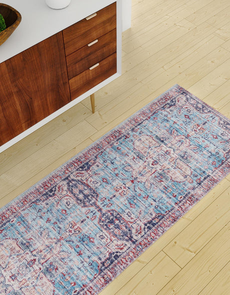 Washable Blue 2' x 10' Maahru Runner Area Rug Easy to Clean Stain Resistant & Durable Polyester Chenille Carpet for Living, Dining, Bedrooms, Kitchen for Sale at Rug Engine