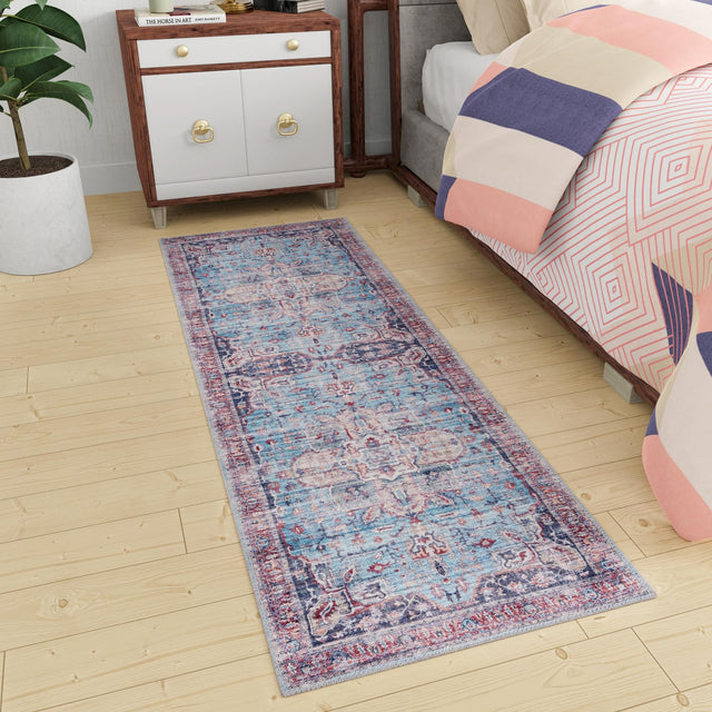 Washable Blue 2' x 8' Maahru Runner Area Rug Easy to Clean Stain Resistant & Durable Polyester Chenille Carpet for Living, Dining, Bedrooms, Kitchen for Sale at Rug Engine