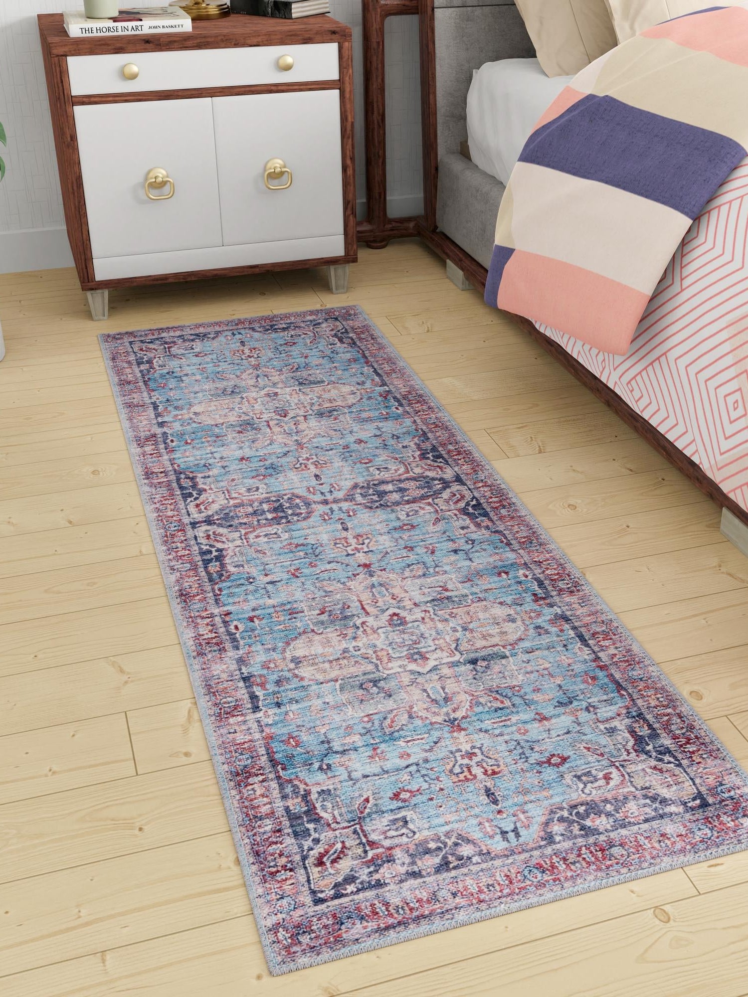 Washable Blue 2' x 4' 1 Maahru Runner Area Rug Easy to Clean Stain Resistant & Durable Polyester Chenille Carpet for Living, Dining, Bedrooms, Kitchen for Sale at Rug Engine