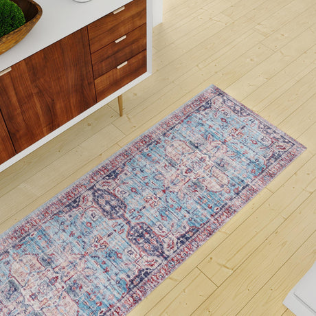Washable Blue 2' x 8' Maahru Runner Area Rug Easy to Clean Stain Resistant & Durable Polyester Chenille Carpet for Living, Dining, Bedrooms, Kitchen for Sale at Rug Engine
