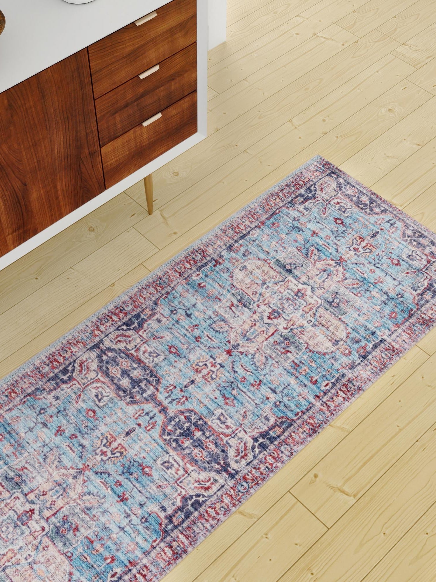 Washable Blue 2' x 10' Maahru Runner Area Rug Easy to Clean Stain Resistant & Durable Polyester Chenille Carpet for Living, Dining, Bedrooms, Kitchen for Sale at Rug Engine