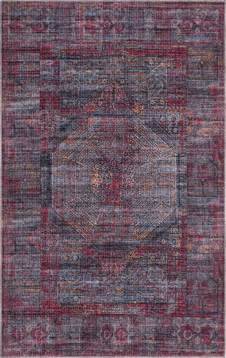 Washable Red and Black 5' 3 x 8' Mangata Rectangle Area Rug Easy to Clean Stain Resistant & Durable Chenille Traditional Vintage Distressed Carpet for Sale at Rug Engine