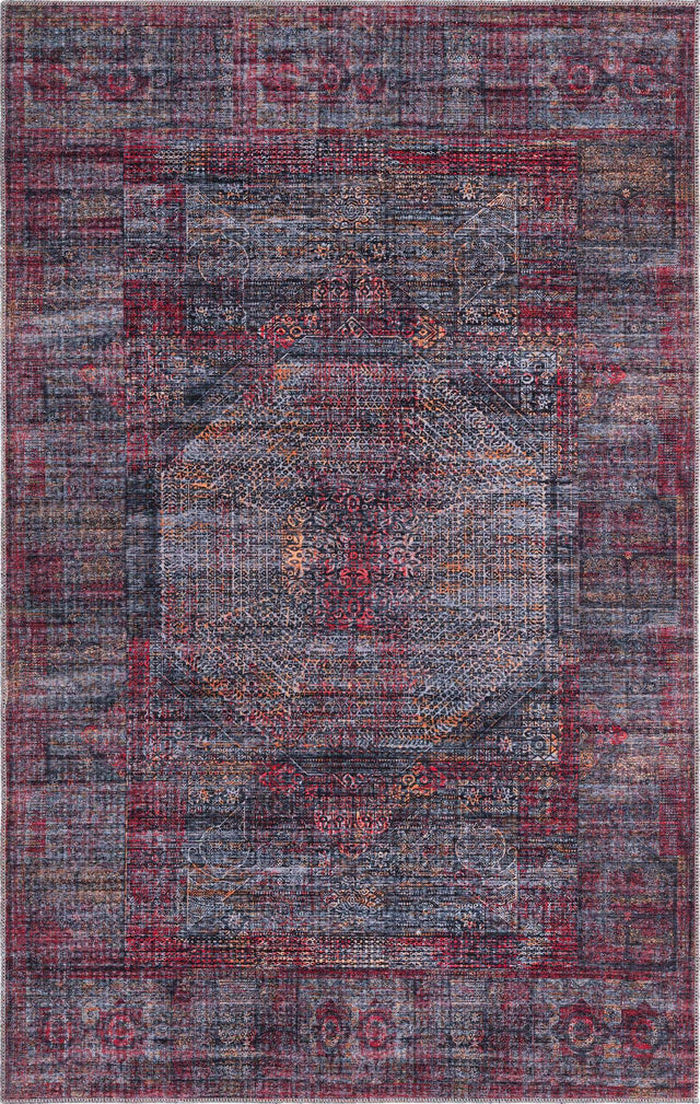 Washable Red and Black 5' 3 x 8' Mangata Rectangle Area Rug Easy to Clean Stain Resistant & Durable Chenille Traditional Vintage Distressed Carpet for Sale at Rug Engine