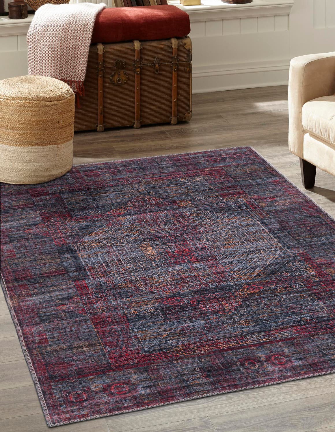 Washable Red and Black 8' x 10' Mangata Washable Rectangle Area Rug Easy to Clean Stain Resistant & Durable Chenille Traditional Vintage Distressed Carpet for Sale at Rug Engine