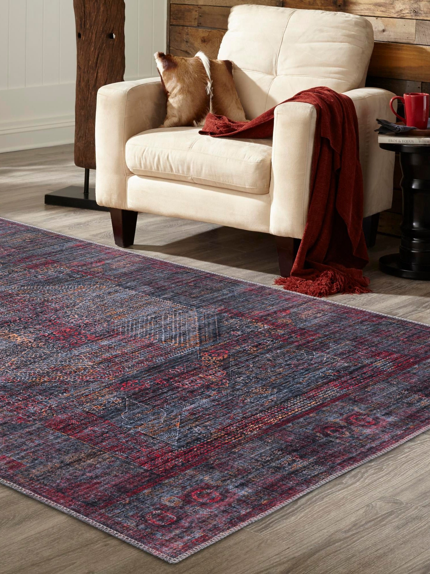 Washable Red and Black 9' 2 x 12' Mangata Rectangle Area Rug Easy to Clean Stain Resistant & Durable Chenille Traditional Vintage Distressed Carpet for Sale at Rug Engine