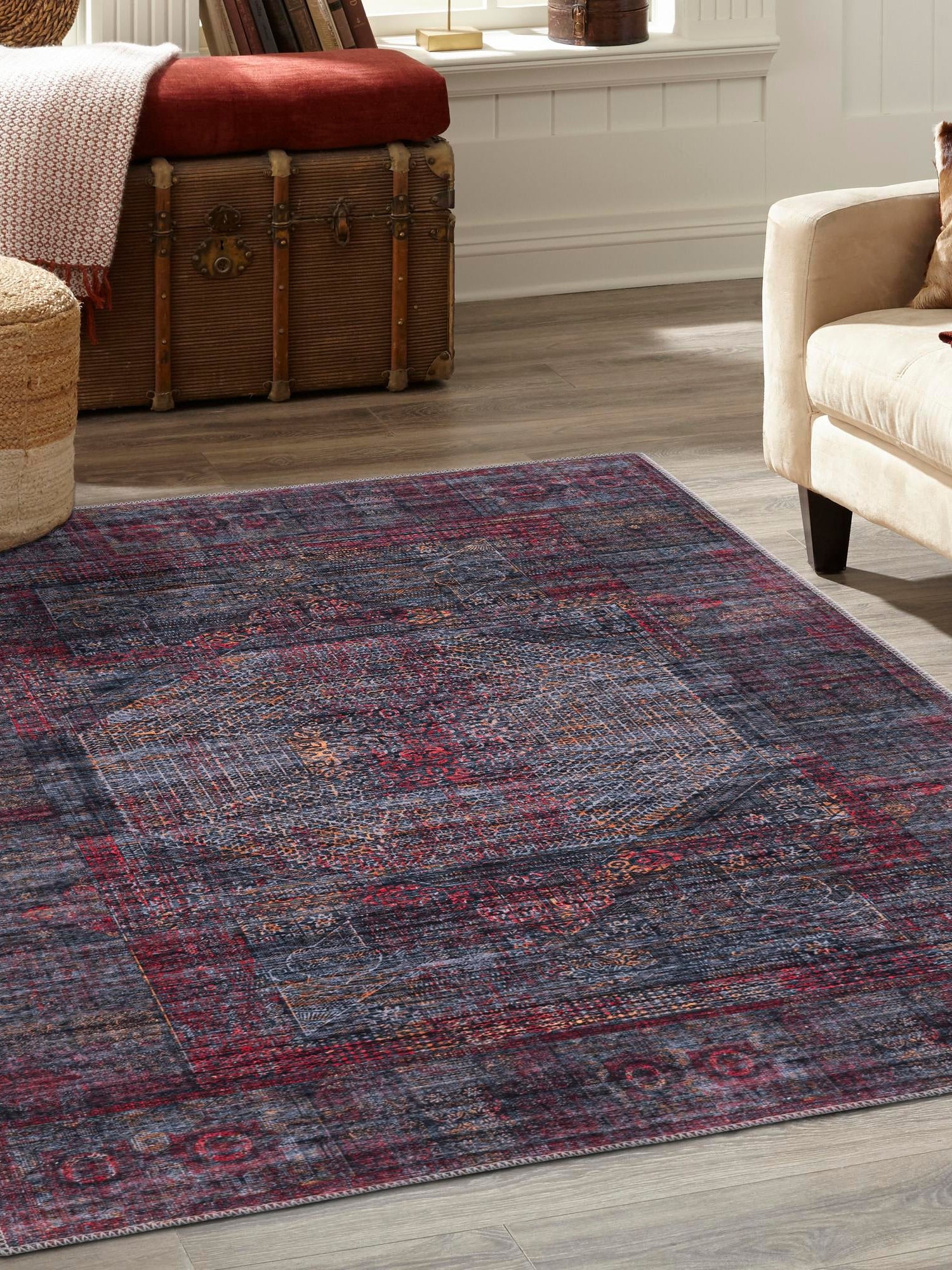 Washable Red and Black 5' 11 x 9' Mangata Rectangle Area Rug Easy to Clean Stain Resistant & Durable Chenille Traditional Vintage Distressed Carpet for Sale at Rug Engine