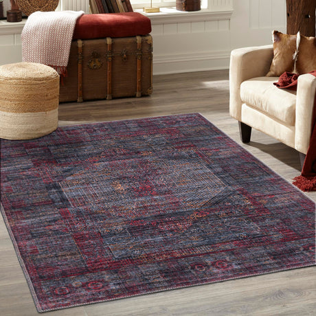 Washable Red and Black 8' x 10' Mangata Washable Rectangle Area Rug Easy to Clean Stain Resistant & Durable Chenille Traditional Vintage Distressed Carpet for Sale at Rug Engine