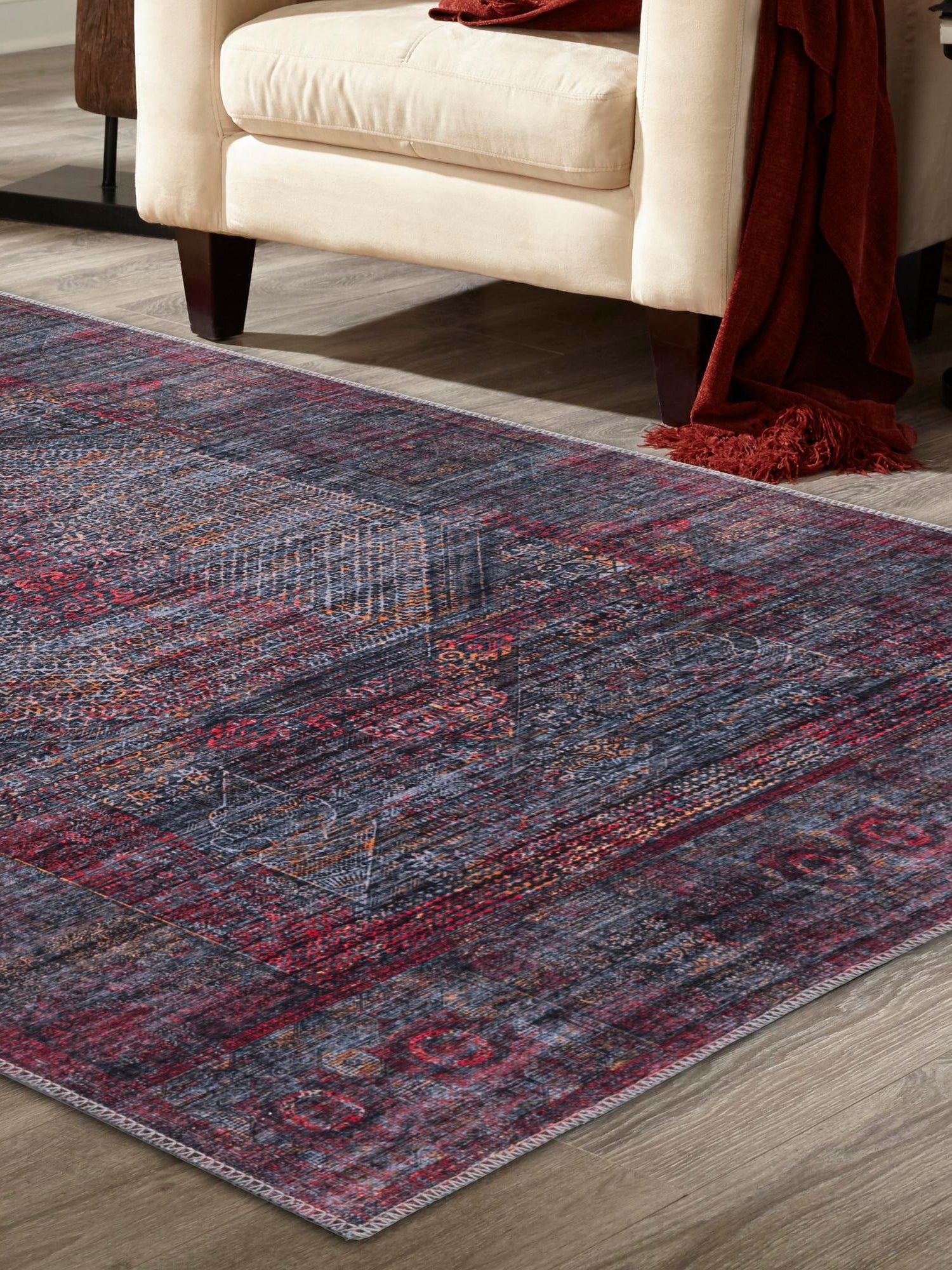 Washable Red and Black 9' 2 x 12' Mangata Rectangle Area Rug Easy to Clean Stain Resistant & Durable Chenille Traditional Vintage Distressed Carpet for Sale at Rug Engine