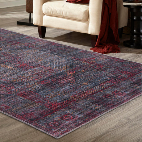 Washable Red and Black 9' 2 x 12' Mangata Rectangle Area Rug Easy to Clean Stain Resistant & Durable Chenille Traditional Vintage Distressed Carpet for Sale at Rug Engine