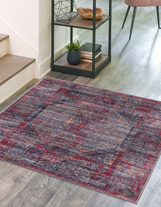 Washable Red and Black 5' 3 x 5' 3 Mangata Square Area Rug Easy to Clean Stain Resistant & Durable Chenille Traditional Vintage Distressed Carpet for Sale at Rug Engine