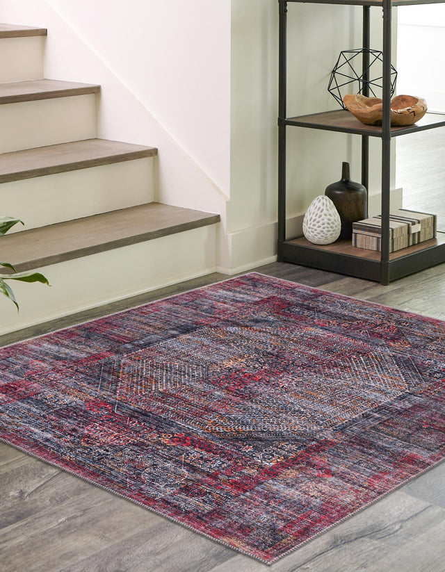 Washable Red and Black 7' 10 x 7' 10 Mangata Square Area Rug Easy to Clean Stain Resistant & Durable Chenille Traditional Vintage Distressed Carpet for Sale at Rug Engine