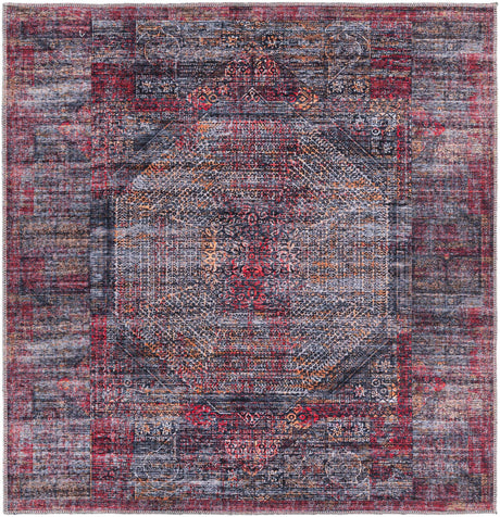 Washable Red and Black 5' 3 x 5' 3 Mangata Square Area Rug Easy to Clean Stain Resistant & Durable Chenille Traditional Vintage Distressed Carpet for Sale at Rug Engine