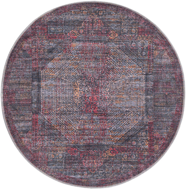 Washable Red and Black 3' 11 x 3' 11 Mangata Round Area Rug Easy to Clean Stain Resistant & Durable Chenille Traditional Vintage Distressed Carpet for Sale at Rug Engine