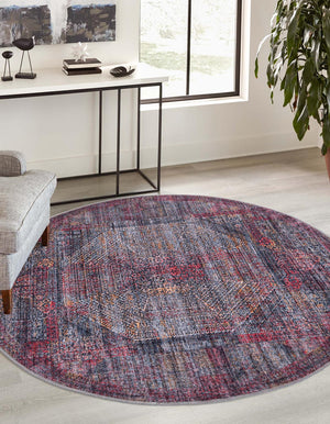 Washable Red and Black 7' 3 x 7' 3 Mangata Round Area Rug Easy to Clean Stain Resistant & Durable Chenille Traditional Vintage Distressed Carpet for Sale at Rug Engine