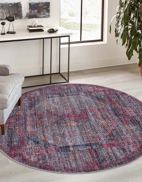 Washable Red and Black 7' 3 x 7' 3 Mangata Round Area Rug Easy to Clean Stain Resistant & Durable Chenille Traditional Vintage Distressed Carpet for Sale at Rug Engine