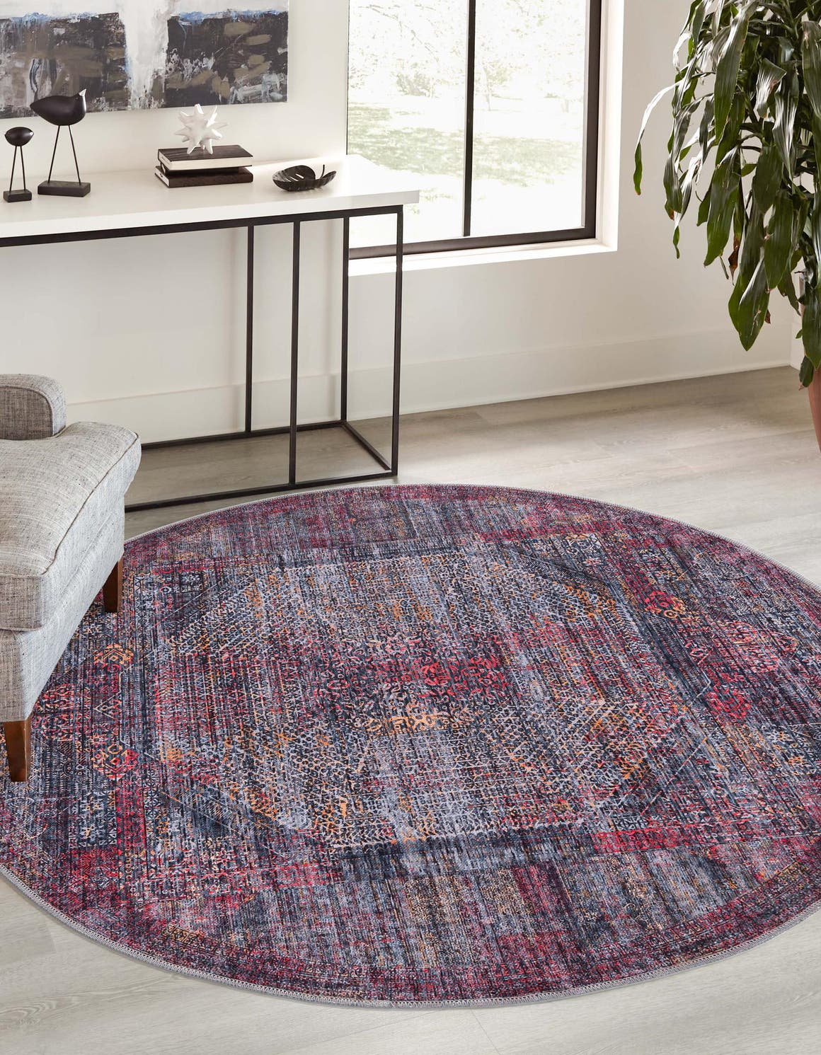 Washable Red and Black 5' 3 x 5' 3 Mangata Round Area Rug Easy to Clean Stain Resistant & Durable Chenille Traditional Vintage Distressed Carpet for Sale at Rug Engine