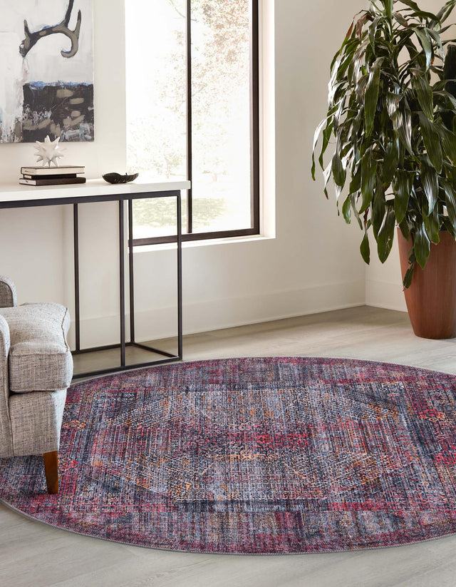 Washable Red and Black 7' 3 x 7' 3 Mangata Round Area Rug Easy to Clean Stain Resistant & Durable Chenille Traditional Vintage Distressed Carpet for Sale at Rug Engine
