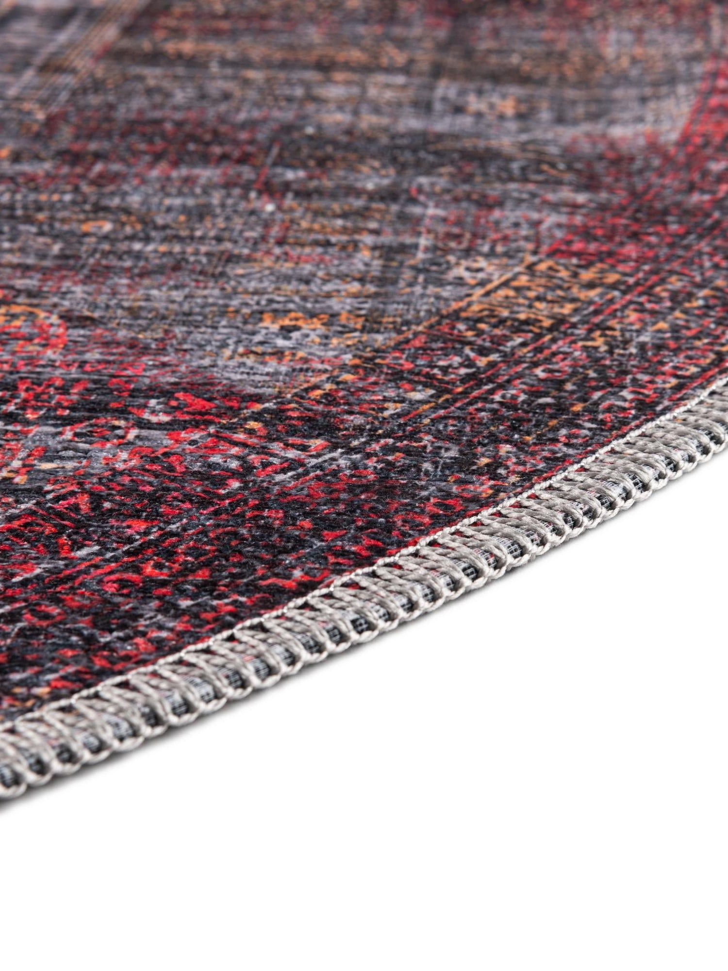Washable Red and Black 3' 11 x 3' 11 Mangata Round Area Rug Easy to Clean Stain Resistant & Durable Chenille Traditional Vintage Distressed Carpet for Sale at Rug Engine
