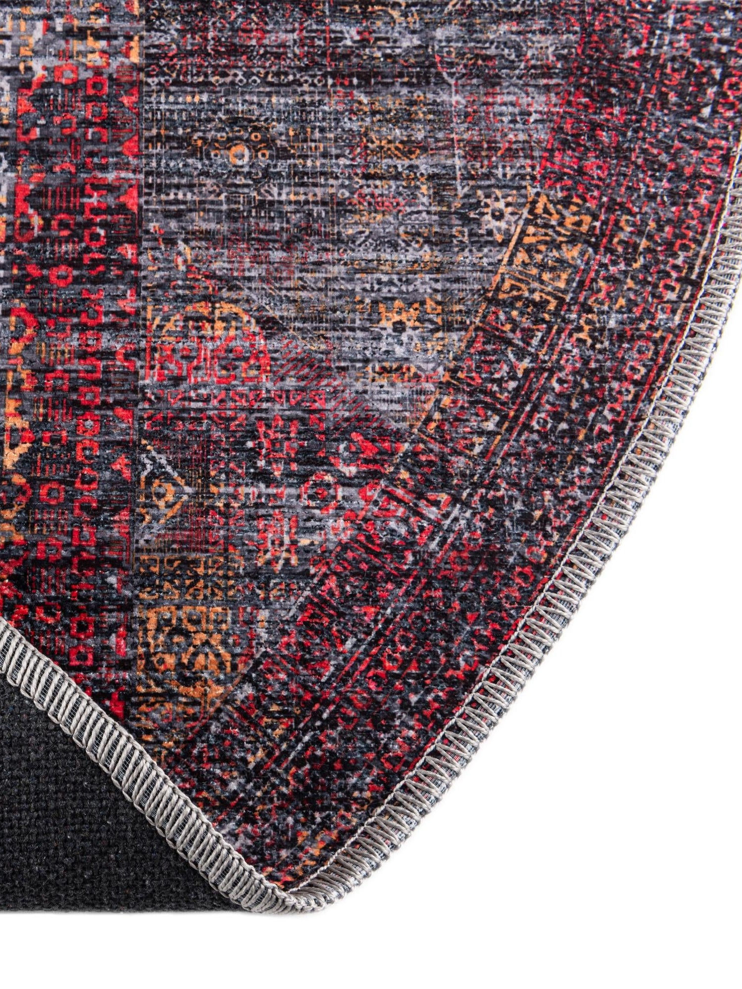 Washable Red and Black 3' 11 x 3' 11 Mangata Round Area Rug Easy to Clean Stain Resistant & Durable Chenille Traditional Vintage Distressed Carpet for Sale at Rug Engine