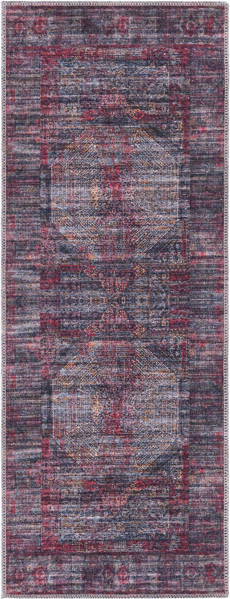 Washable Red and Black 2' x 5' Mangata Runner Area Rug Easy to Clean Stain Resistant & Durable Chenille Traditional Vintage Distressed Carpet for Sale at Rug Engine